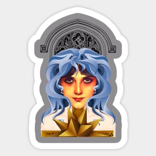 Blue-haired girl with medieval window Sticker